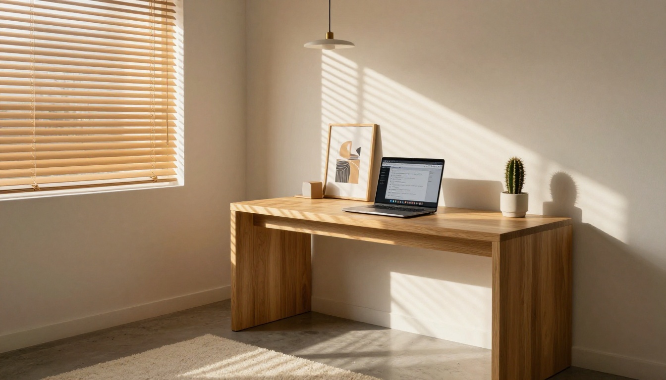 Modern home office with afternoon light through blinds, representing the digital creative workspace where AI tools like Qwen Image are used daily