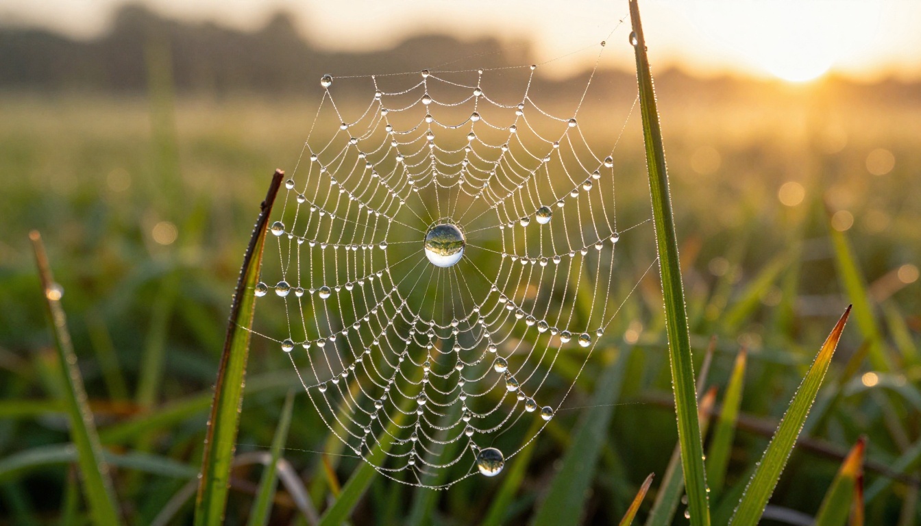 Macro close-up of morning dew drops on a spider web, demonstrating Qwen Image's micro-detail rendering at extreme magnification