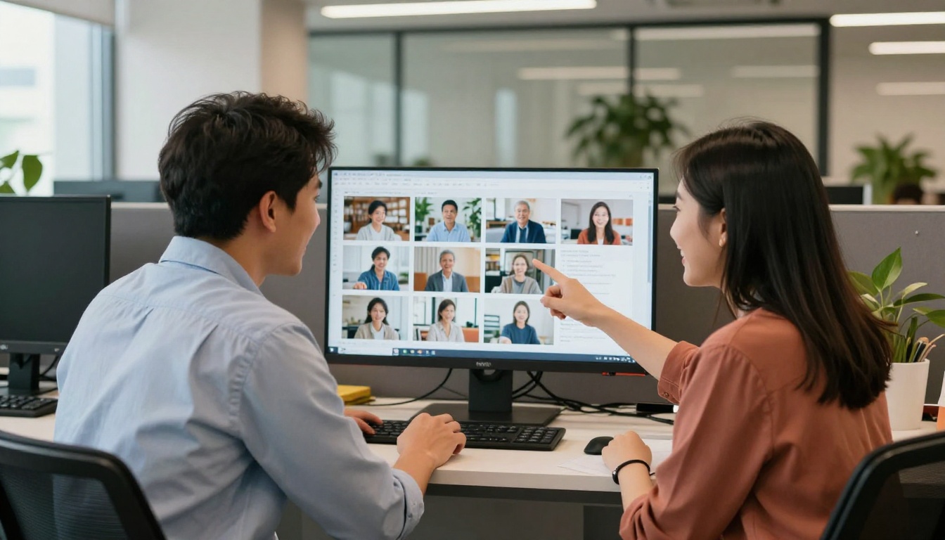 Two professionals reviewing AI-generated images together on a monitor, illustrating collaborative workflows built around Qwen Image outputs