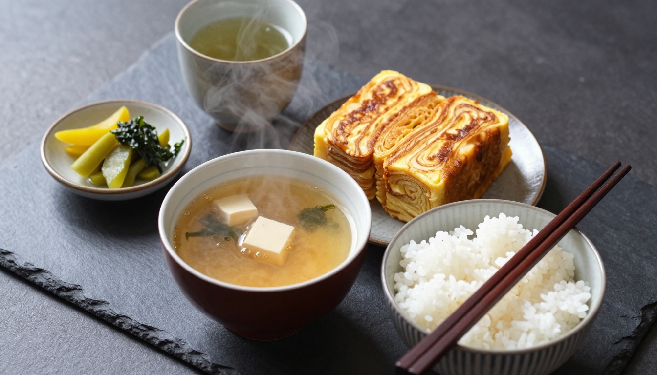 Beautifully plated Japanese breakfast overhead shot, demonstrating the commercial food photography quality achievable with Qwen Image