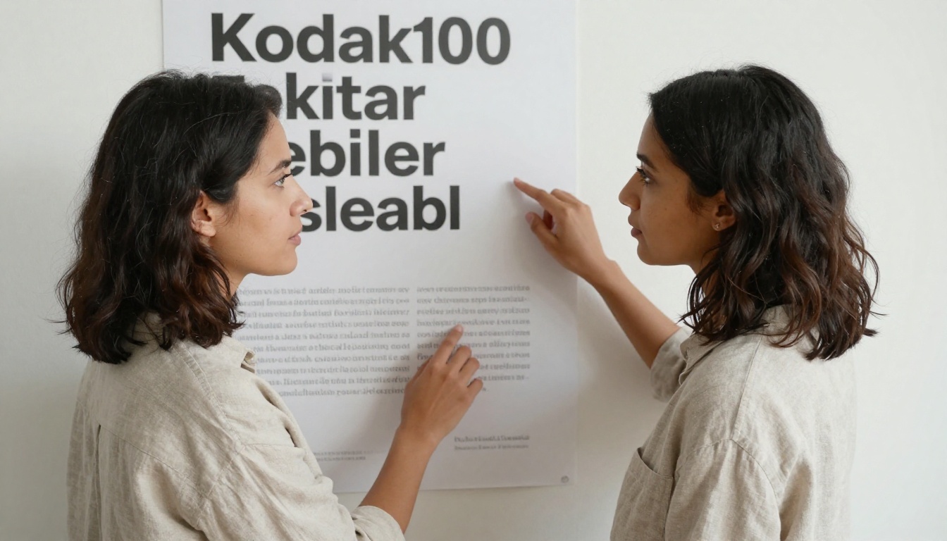 Professional woman standing beside a large format printed poster in a photography studio with diffused lighting Professional woman standing beside a large format printed poster in a photography studio with diffused lighting