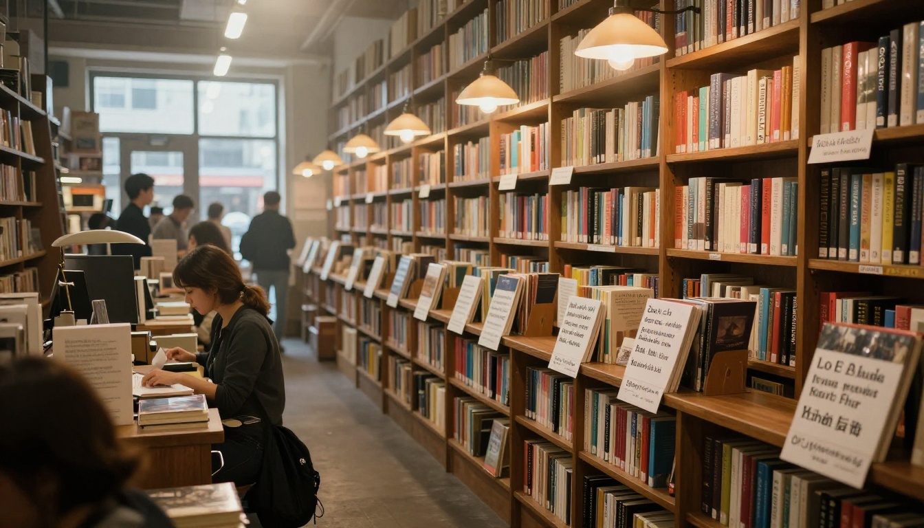 Wide shot of a busy urban bookstore interior with legible book titles on shelves and warm incandescent lighting Wide shot of a busy urban bookstore interior with legible book titles on shelves and warm incandescent lighting