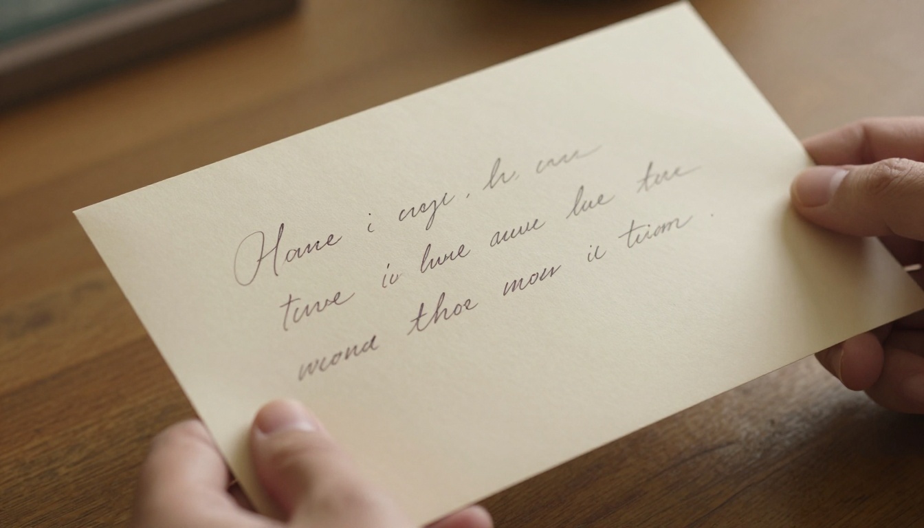 Close-up of hands holding a handwritten letter with neat legible cursive on aged cream paper in warm window light