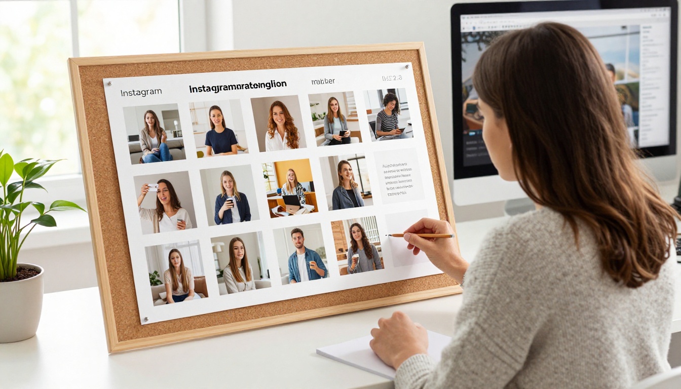 Social media content creator at a bright desk reviewing Instagram grid mockups with crisp text overlays