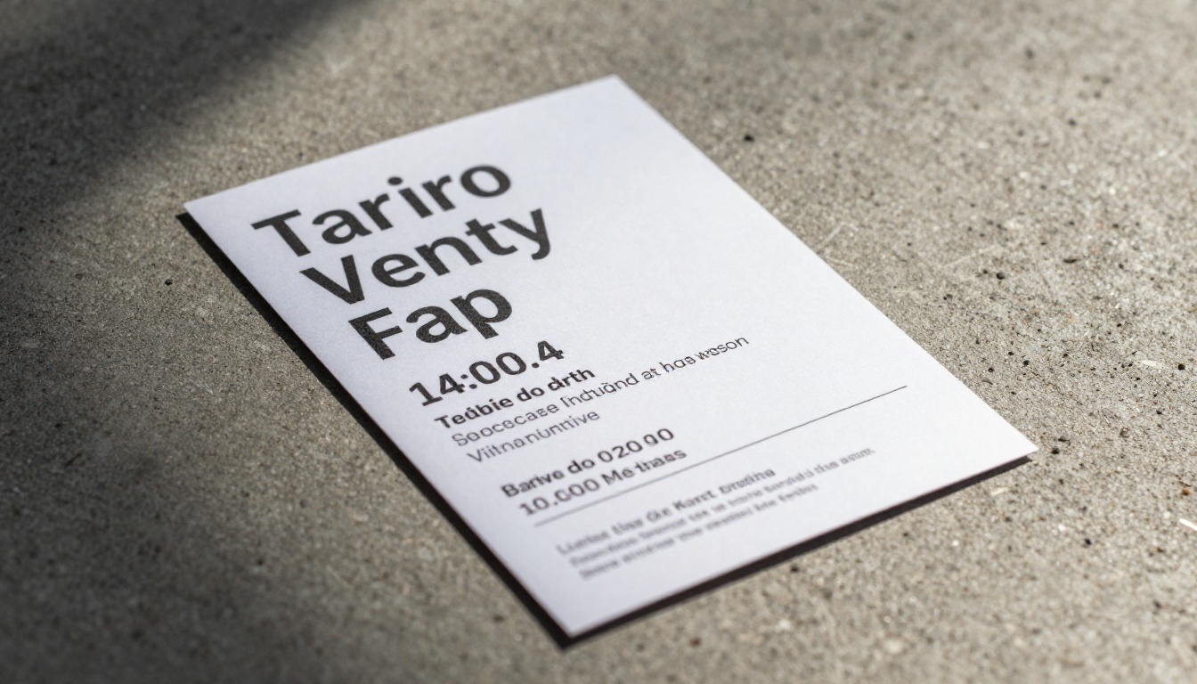 Event flyer printed on matte cardstock with legible event details laid on textured concrete surface with raking light