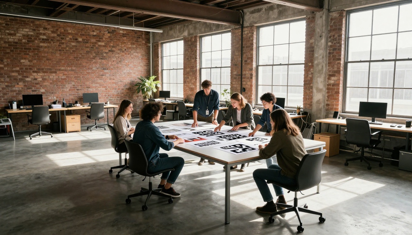 Wide shot of an advertising agency workspace with creatives gathered around ad mockups featuring readable headline copy