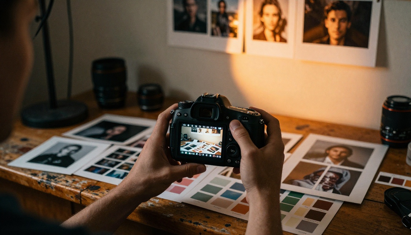 Photographer reviewing AI image outputs at a film darkroom desk Photographer reviewing AI image outputs at a film darkroom desk