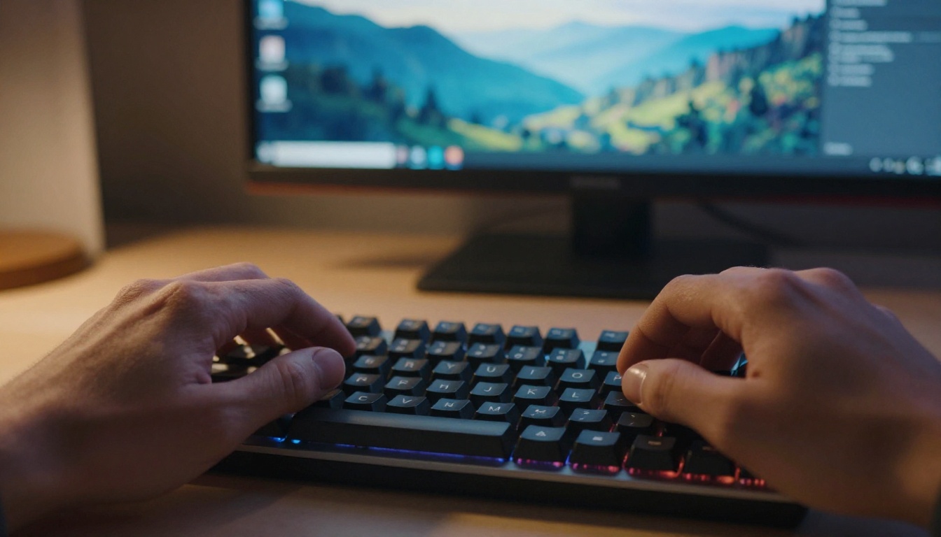 Hands typing on a mechanical keyboard with an AI image generation interface visible on the monitor in soft focus behind Hands typing on a mechanical keyboard with an AI image generation interface visible on the monitor in soft focus behind