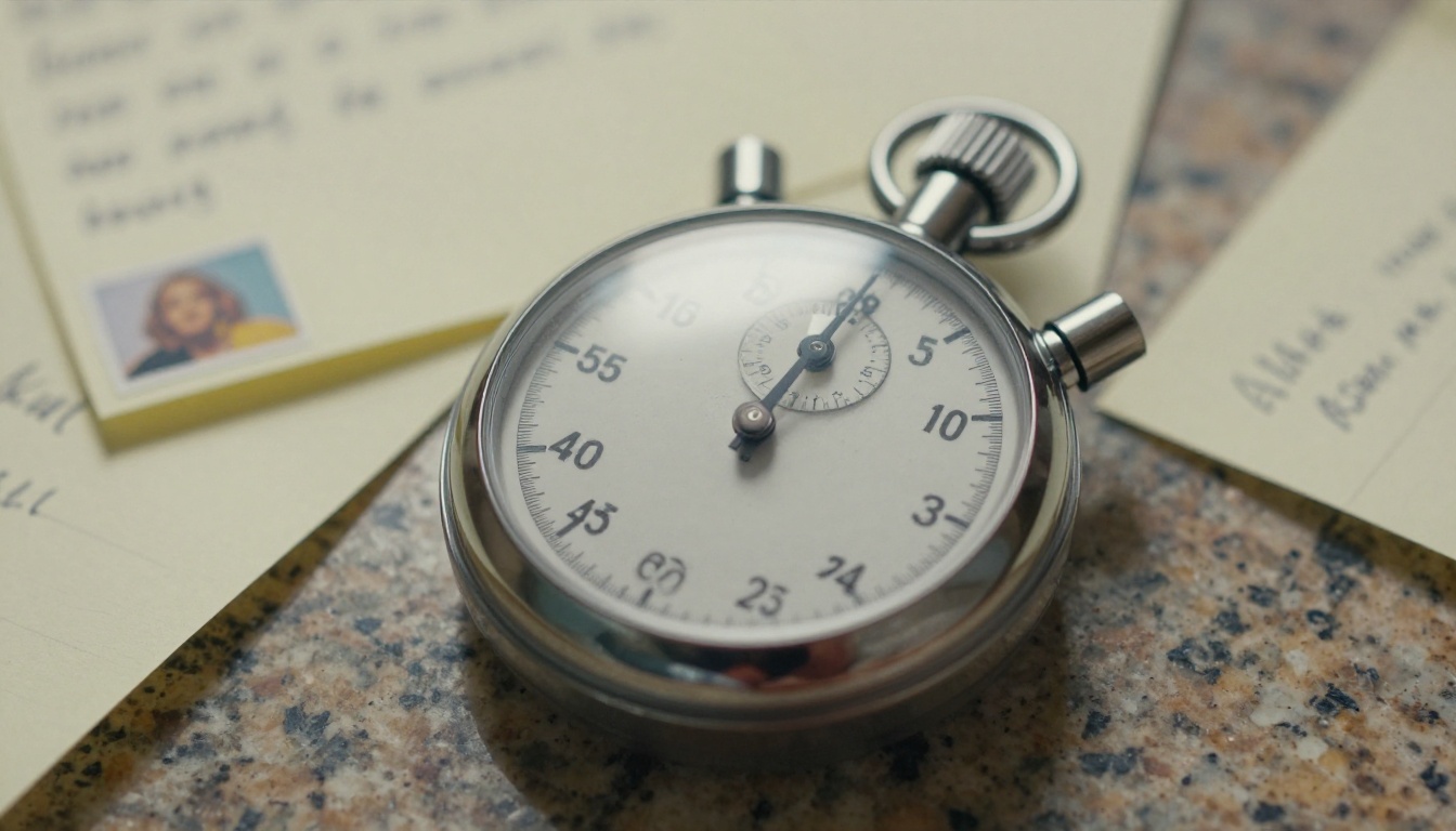Close-up macro shot of a stopwatch surrounded by AI prompt sticky notes Close-up macro shot of a stopwatch surrounded by AI prompt sticky notes