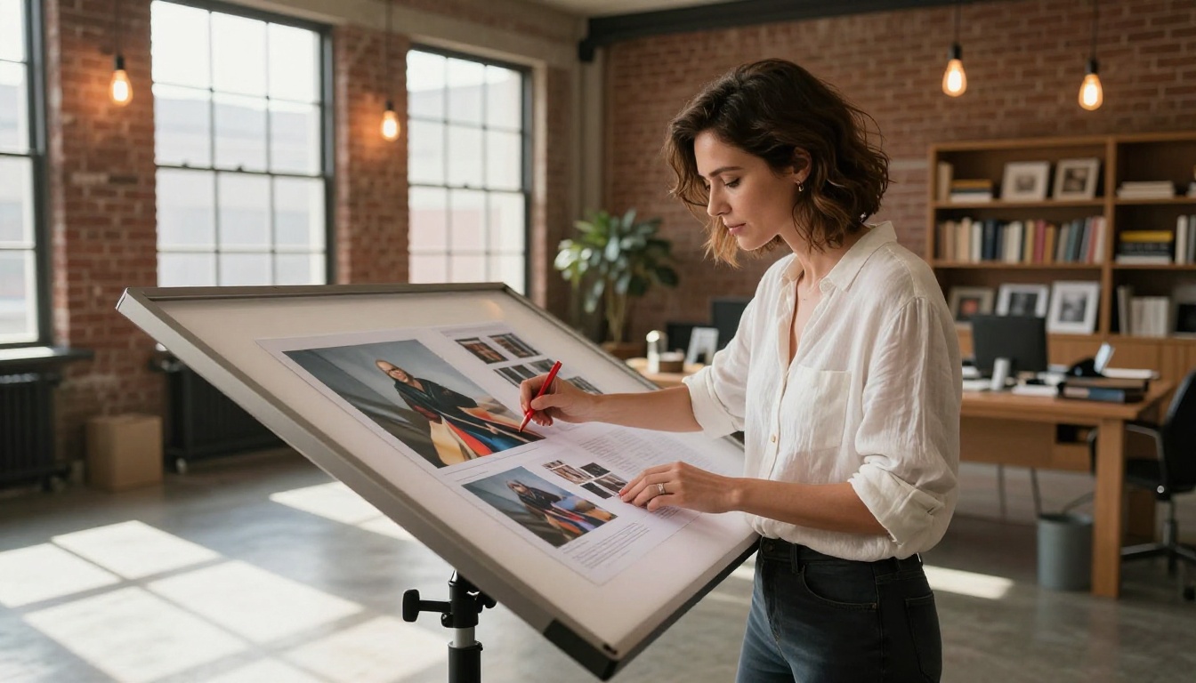 Creative director reviewing AI-generated image sheets at a light table in an industrial studio Creative director reviewing AI-generated image sheets at a light table in an industrial studio