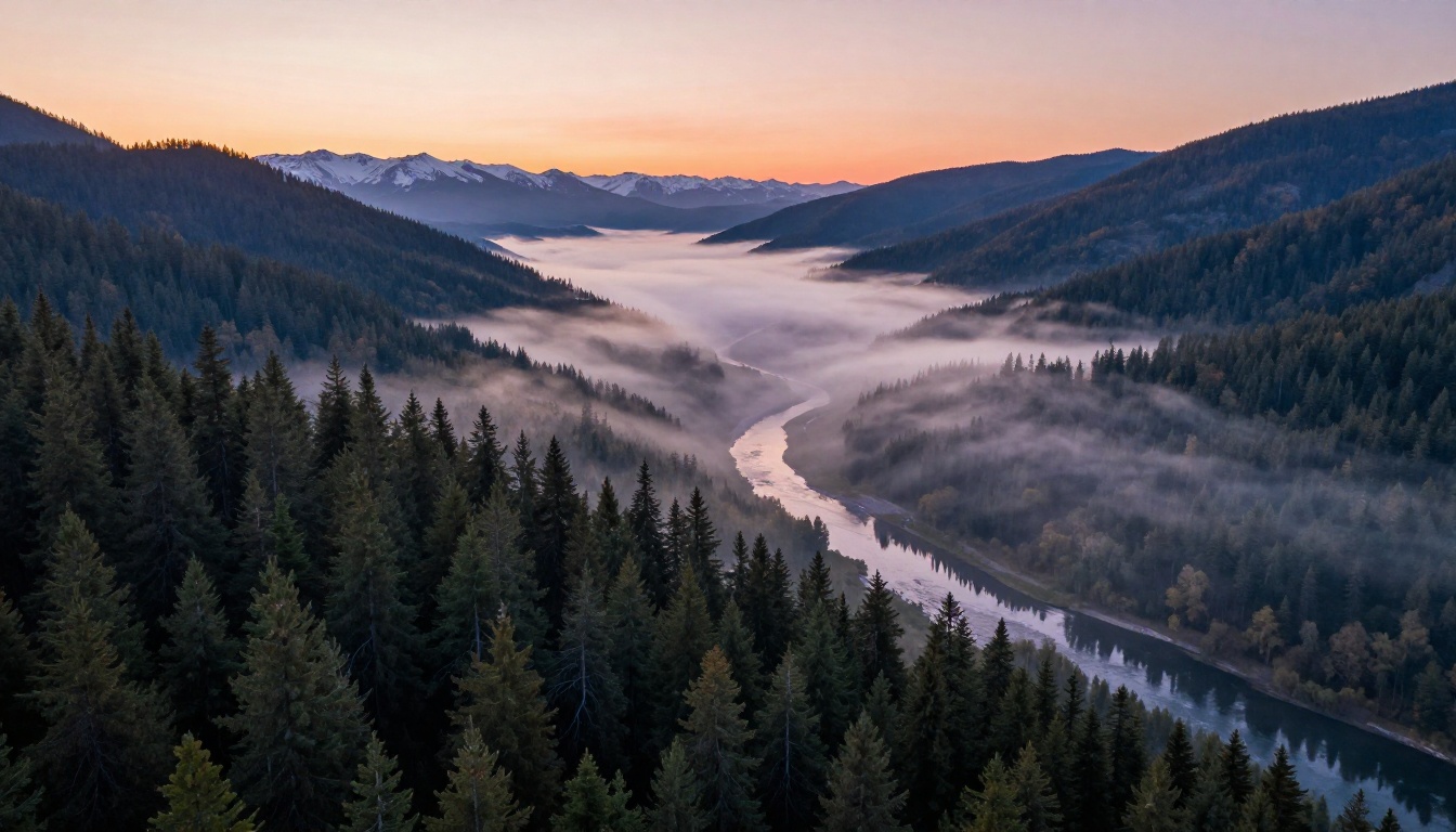 Aerial drone photography of a misty mountain valley at sunrise, volumetric morning fog, winding river reflecting the orange-pink sky, 8K photorealistic landscape Aerial drone photography of a misty mountain valley at sunrise, volumetric morning fog, winding river reflecting the orange-pink sky, 8K photorealistic landscape