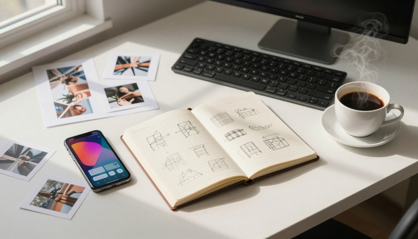Aerial flat lay of a modern creative workspace with a smartphone displaying an AI image generation interface Aerial flat lay of a modern creative workspace with a smartphone displaying an AI image generation interface