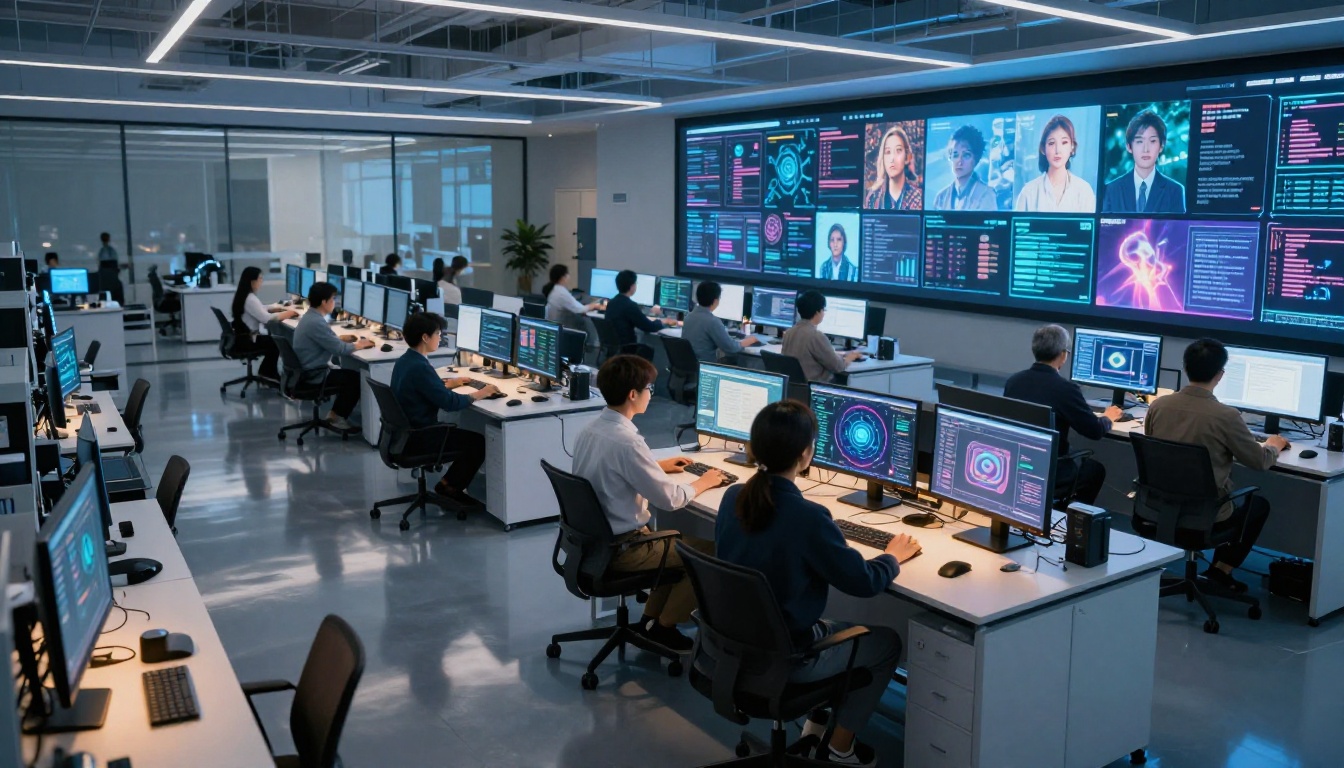 Wide shot of a modern AI research lab at night, researchers at illuminated workstations with colorful data visualizations, large digital display wall, photorealistic corporate photography Wide shot of a modern AI research lab at night, researchers at illuminated workstations with colorful data visualizations, large digital display wall, photorealistic corporate photography