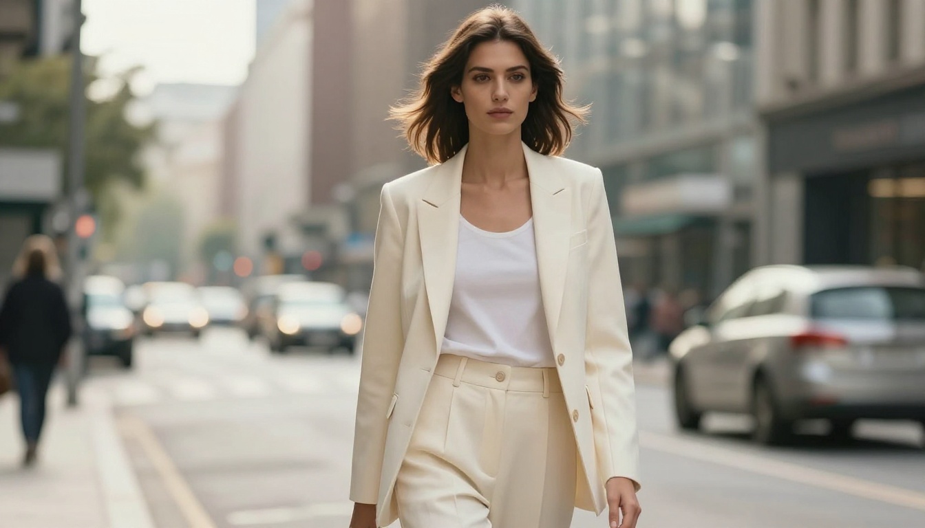 Fashion photography of a confident woman in a tailored cream blazer on a sunlit city street, 85mm f/1.8 background bokeh, natural street photography lighting Fashion photography of a confident woman in a tailored cream blazer on a sunlit city street, 85mm f/1.8 background bokeh, natural street photography lighting