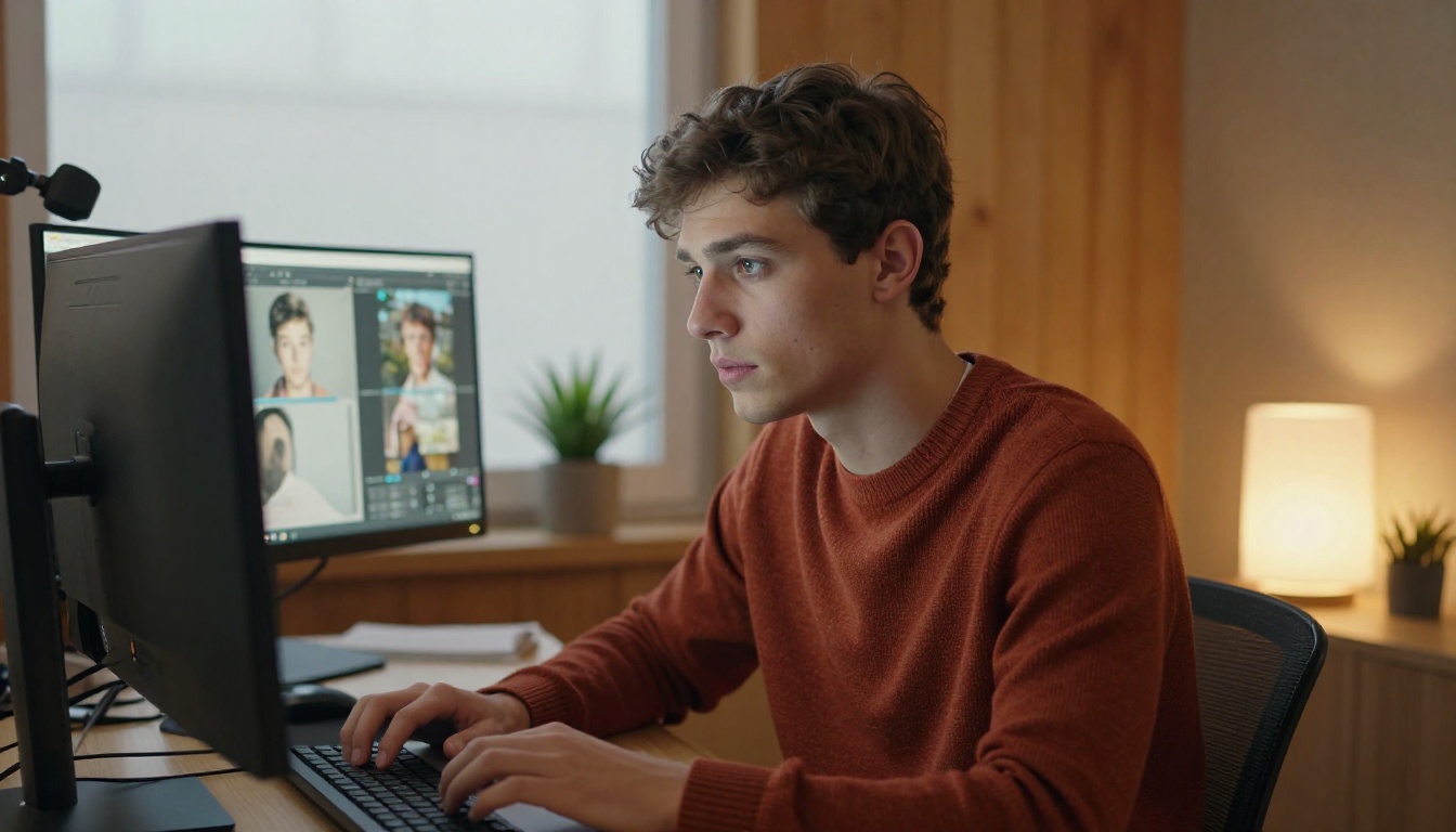 Young man comparing AI image outputs side by side on dual monitors in a warm home office Young man comparing AI image outputs side by side on dual monitors in a warm home office
