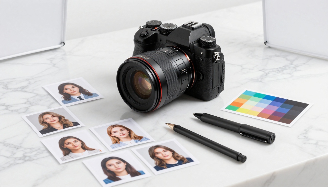 Product photography flat lay on white marble, professional camera body with prime lens, scattered AI-generated portrait prints, color calibration chart, soft diffused studio lighting from overhead