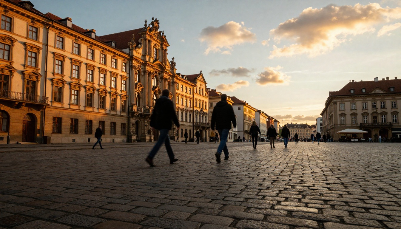 Low angle street shot of a historic European city square at golden hour, warm cobblestone foreground with damp sky reflections, ornate baroque facades, 24mm wide angle