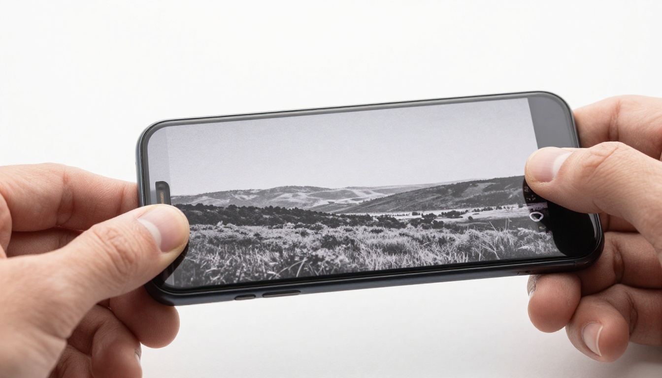Close-up macro of hands comparing a printed photograph with a smartphone screen showing the same scene recreated digitally