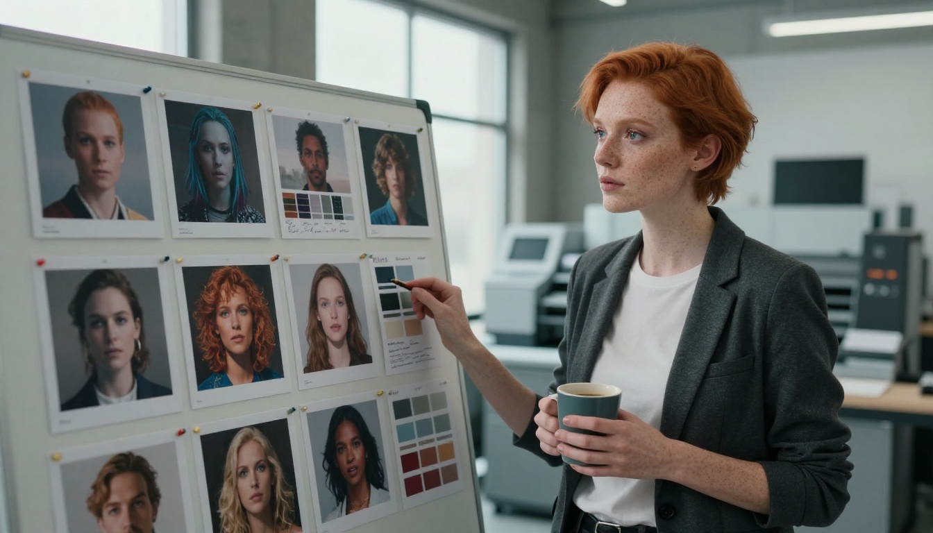 Graphic designer with red hair reviewing AI image outputs on a large mood board in a concrete studio