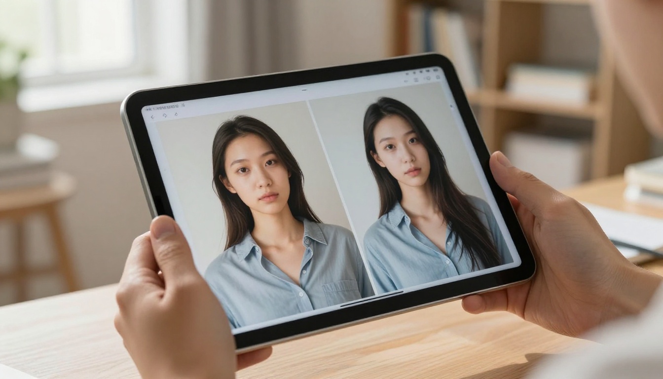 Close-up of hands holding a tablet showing a before-and-after AI-generated image comparison, morning light from window, 50mm f/2.8, photorealistic editorial style