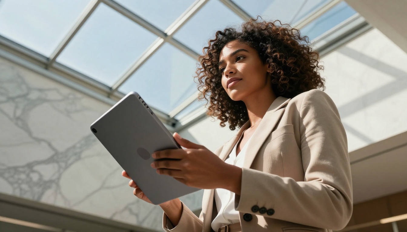 Dramatic low-angle shot of a woman with voluminous curly hair holding a tablet displaying a bold AI-generated portrait in a sunlit atrium