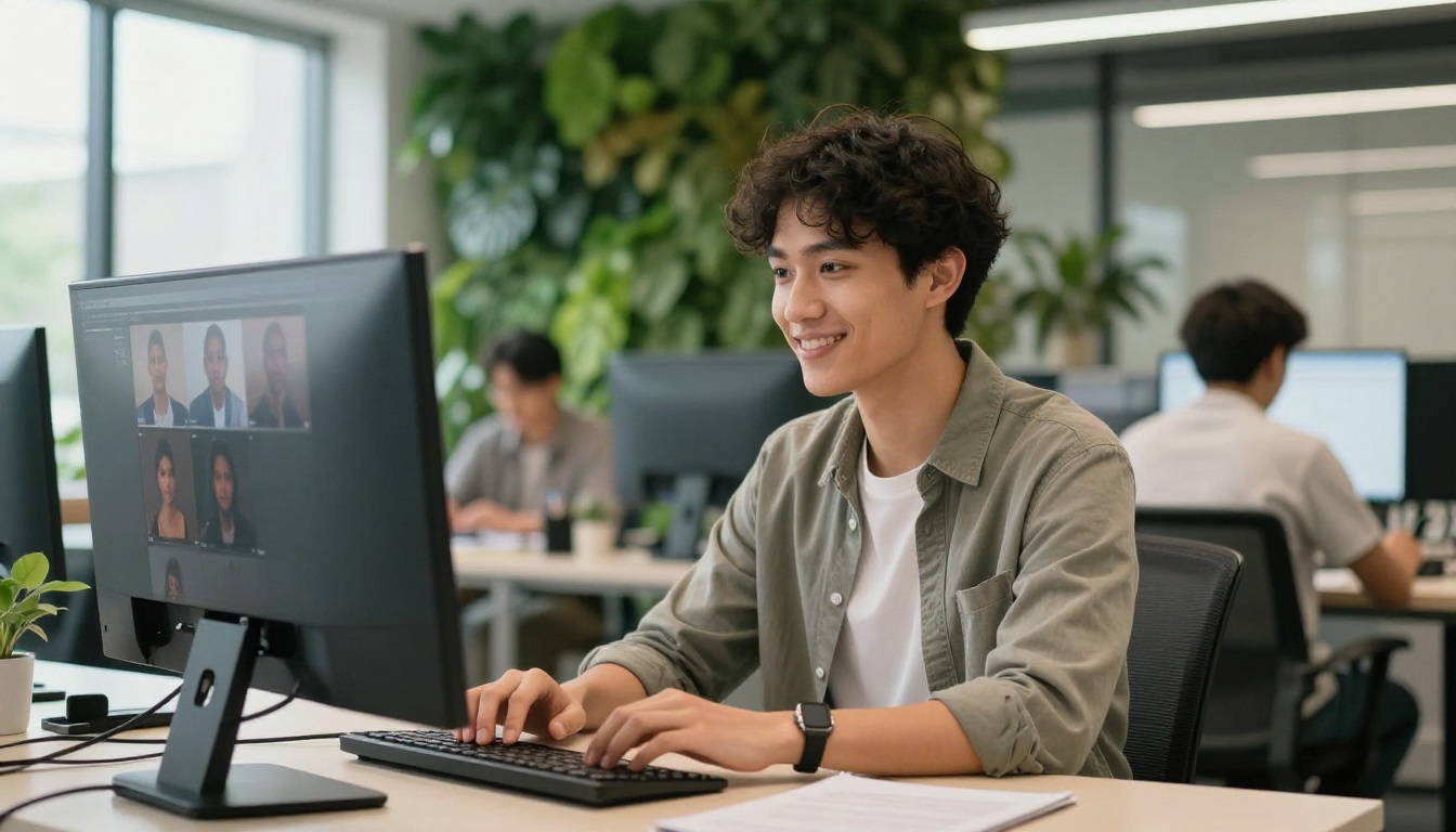 Young creative professional at a standing desk in a bright co-working space, reviewing AI-generated portrait images on a curved monitor, plant wall background, 35mm f/2.0 environmental portrait