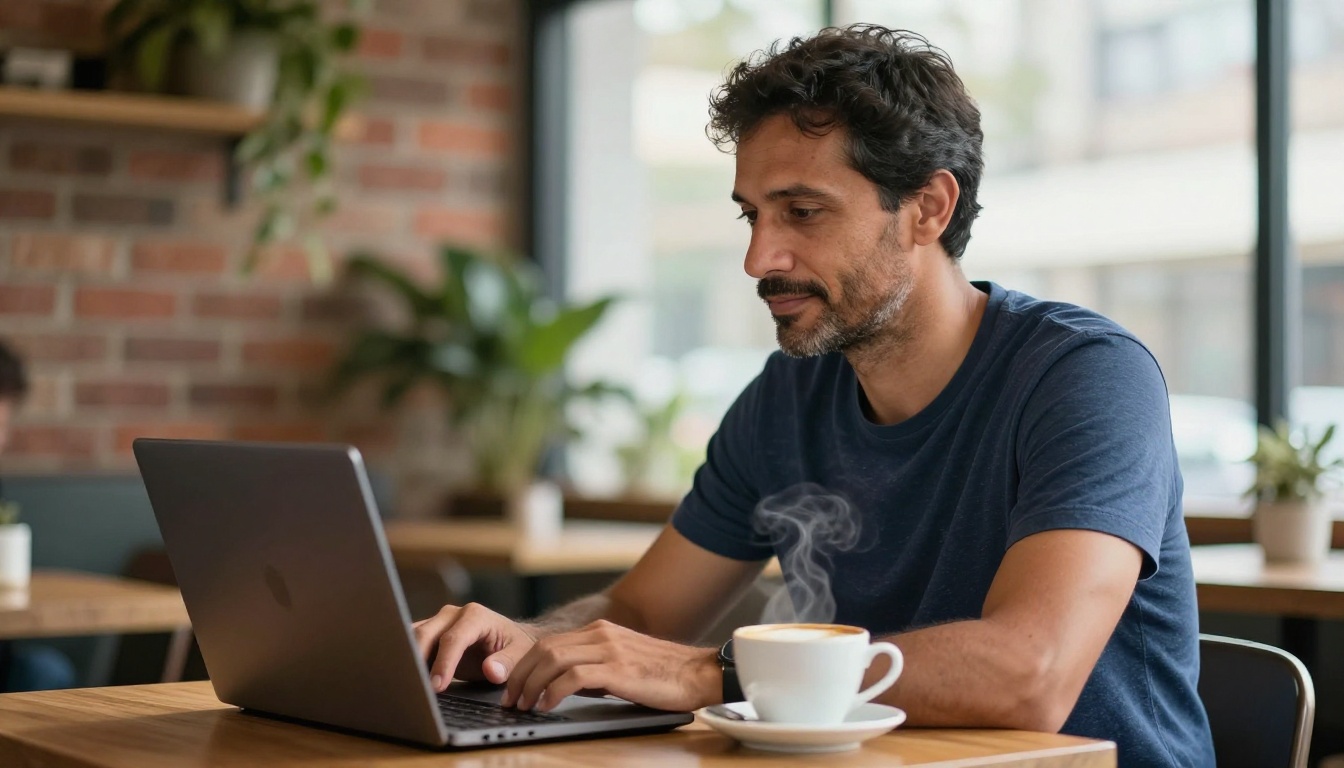 Side-profile portrait of a man with dark stubble at a wooden café table, laptop open, cappuccino nearby, calm and focused expression