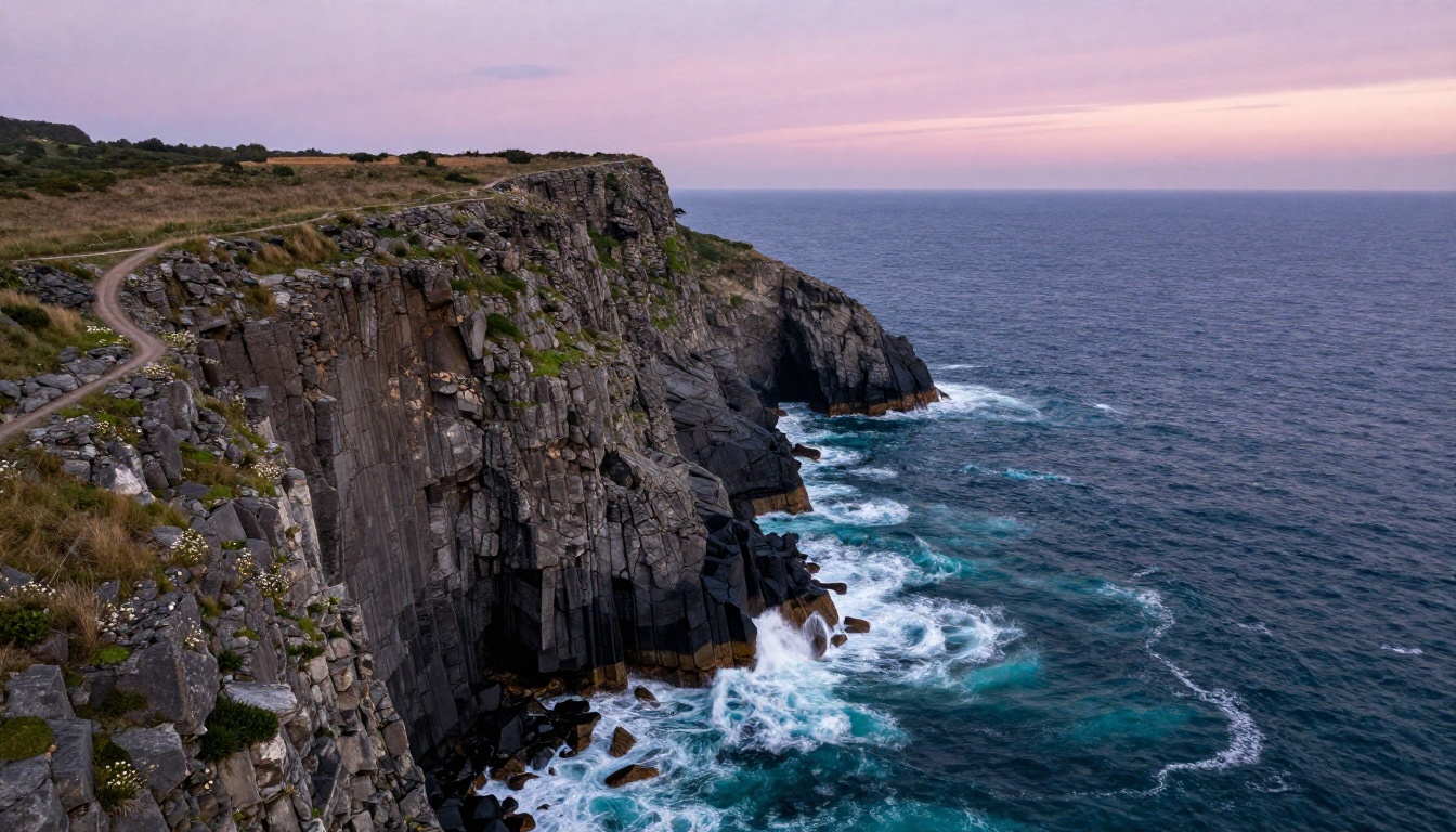 Aerial coastal cliff landscape at blue hour with photorealistic ocean foam, atmospheric haze, and accurate natural colors Aerial coastal cliff landscape at blue hour with photorealistic ocean foam, atmospheric haze, and accurate natural colors
