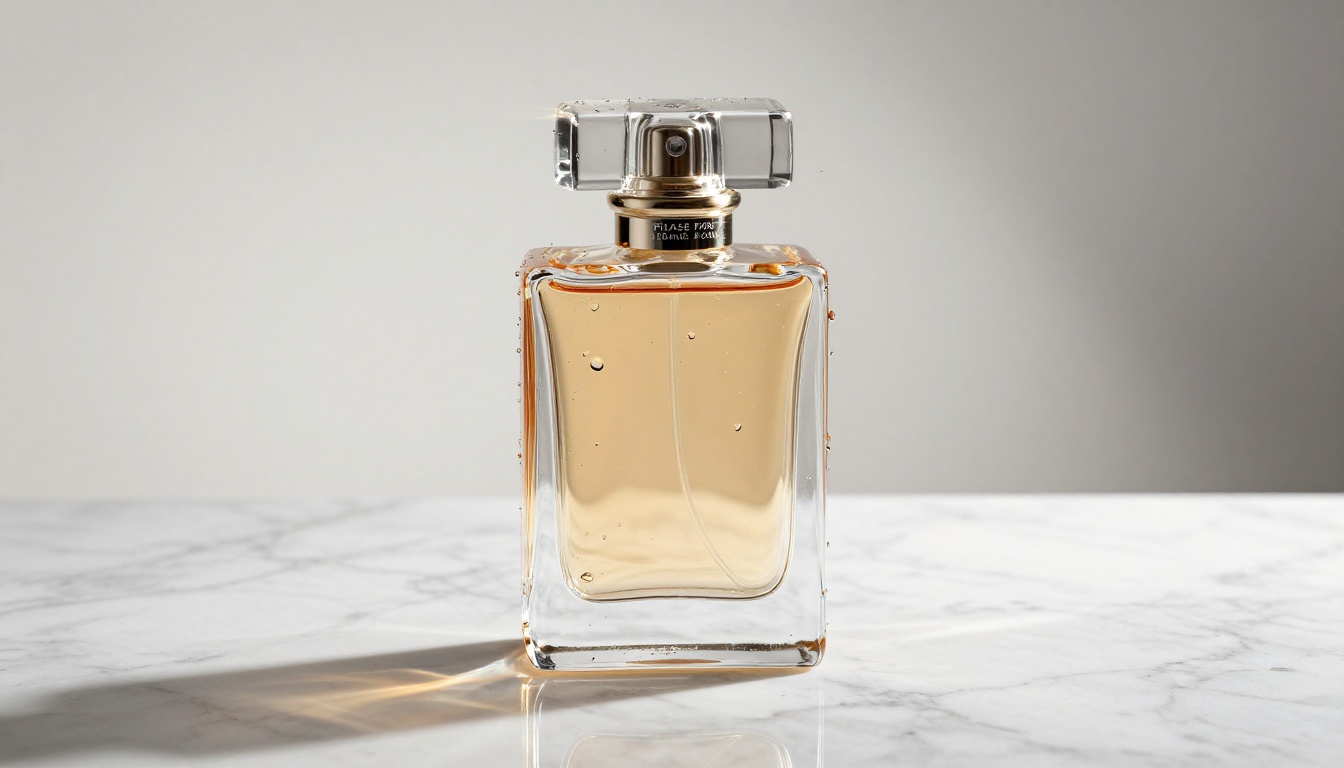 Professional studio product photography showing luxury glass perfume bottle with caustic light patterns on white marble surface Professional studio product photography showing luxury glass perfume bottle with caustic light patterns on white marble surface