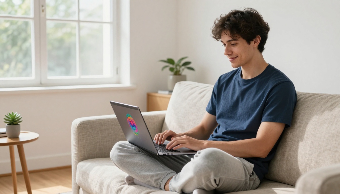 Young creative professional browsing AI-generated artwork on a laptop in a bright minimalist apartment with natural window light