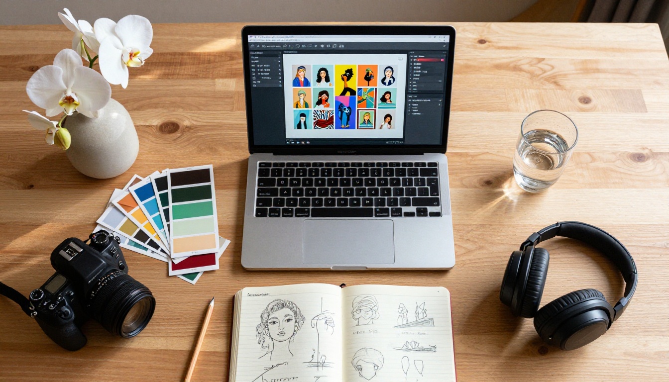 Overhead flat-lay of a creative workspace with laptop showing AI interface, professional camera, notebooks, and natural morning light
