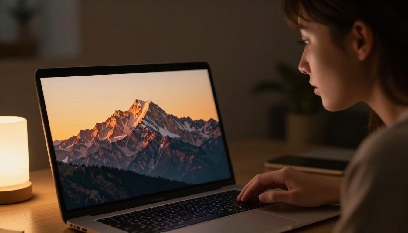 A professional woman looks at an AI-generated landscape on her studio monitor, warm afternoon light, editorial photography aesthetic A professional woman looks at an AI-generated landscape on her studio monitor, warm afternoon light, editorial photography aesthetic