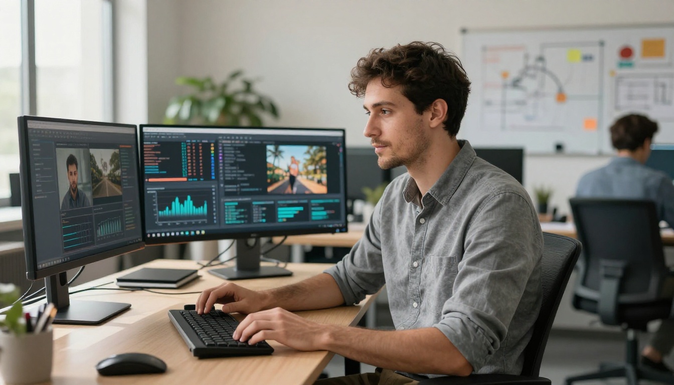 Data scientist at a standing desk reviewing AI image outputs on multiple monitors in a bright tech office Data scientist at a standing desk reviewing AI image outputs on multiple monitors in a bright tech office