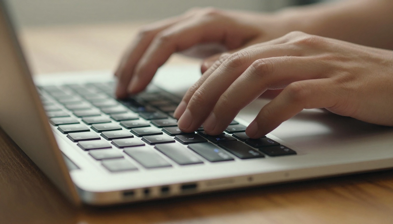 A professional woman photographer at a sunlit studio desk with a laptop displaying vibrant AI-generated artwork