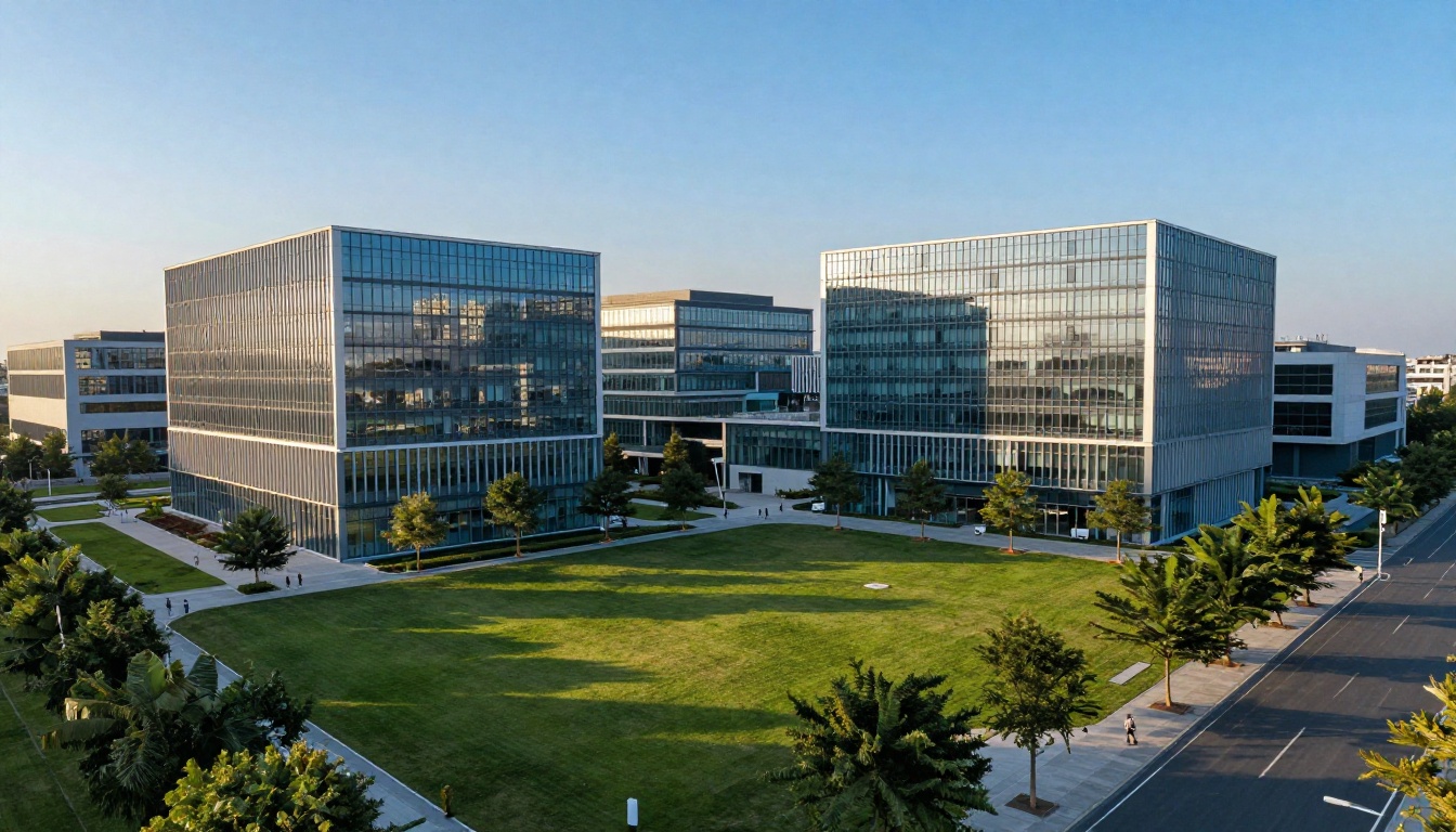 Aerial view of a modern tech campus with glass buildings, green lawns, and morning light shadows Aerial view of a modern tech campus with glass buildings, green lawns, and morning light shadows