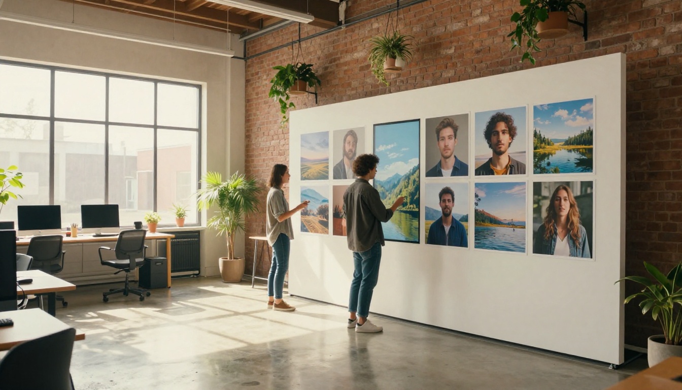 Two designers in a bright creative studio reviewing AI-generated images on a large touchscreen display wall