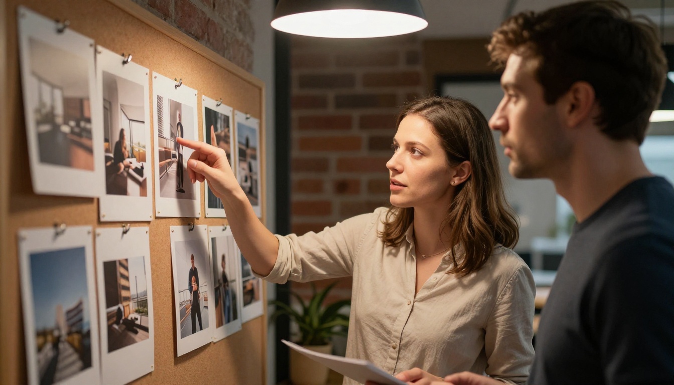Two creative professionals reviewing printed photographs pinned to a cork board in an agency with warm pendant lamp lighting Two creative professionals reviewing printed photographs pinned to a cork board in an agency with warm pendant lamp lighting