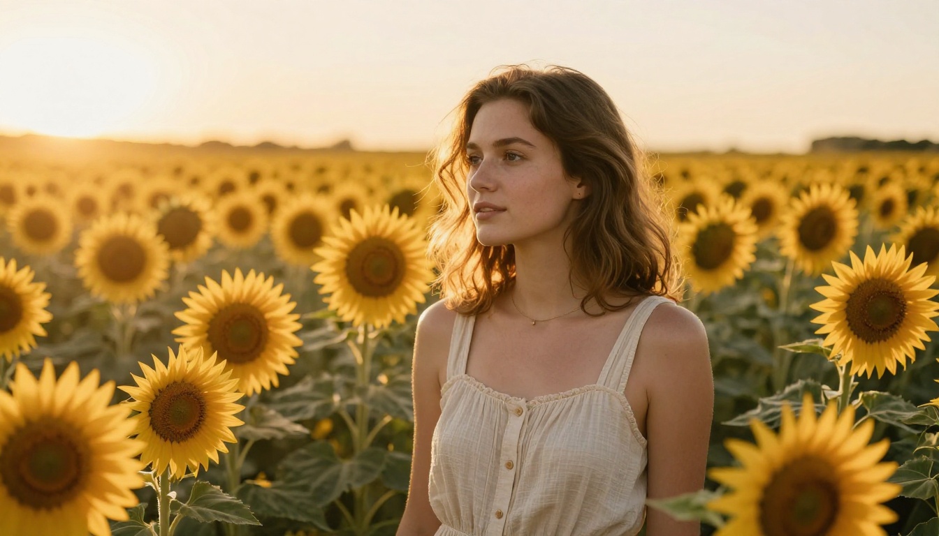A young woman in a summer dress standing in a sunflower field at golden hour with warm backlit sunlight