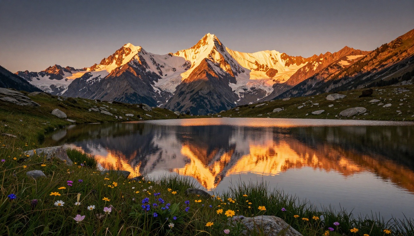 Serene alpine lake at golden hour with perfect mountain reflections, wildflowers in the foreground, photorealistic landscape