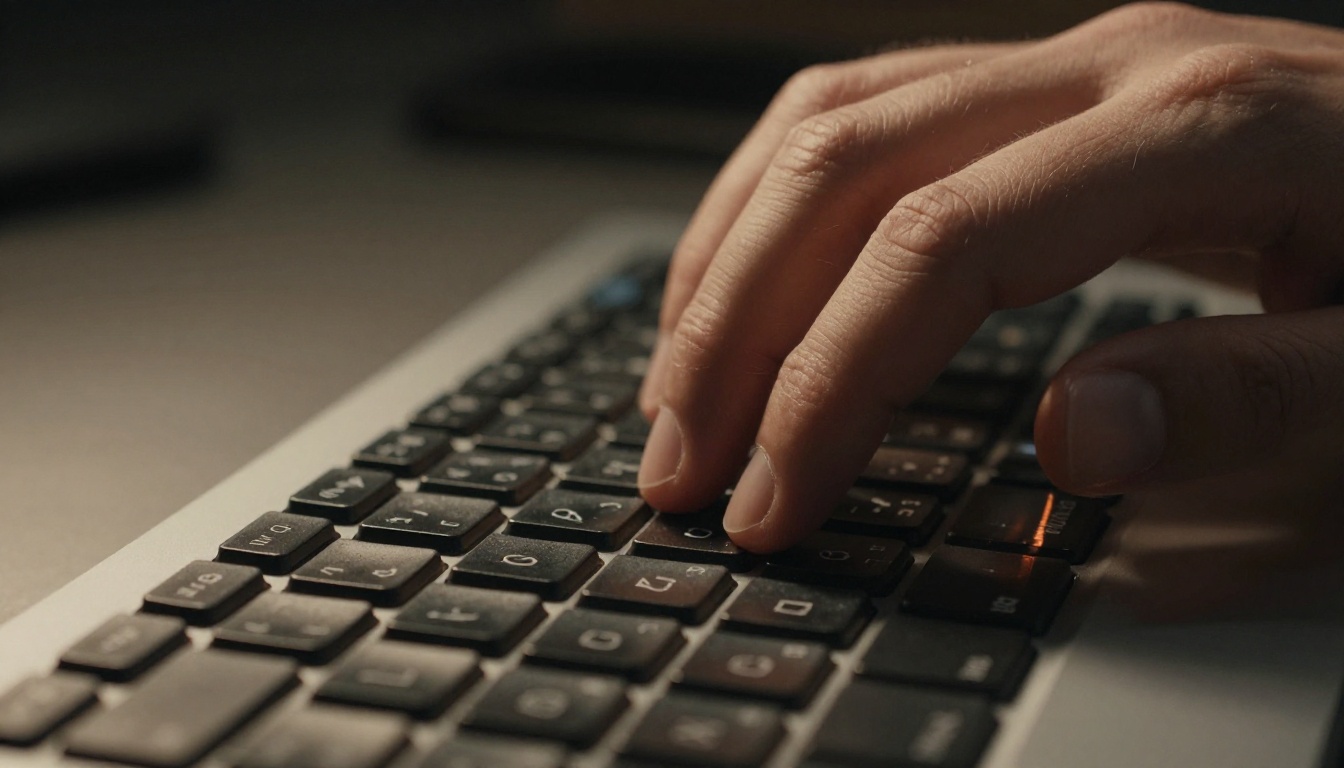Hands typing on a mechanical keyboard with dramatic warm lamp light, extreme macro close-up, film grain