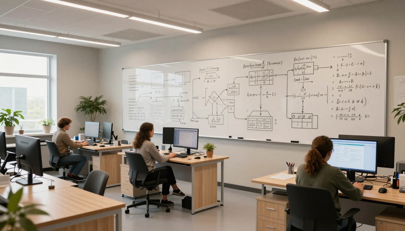 Contemporary AI research lab with whiteboards, researchers at standing desks, warm skylight illumination