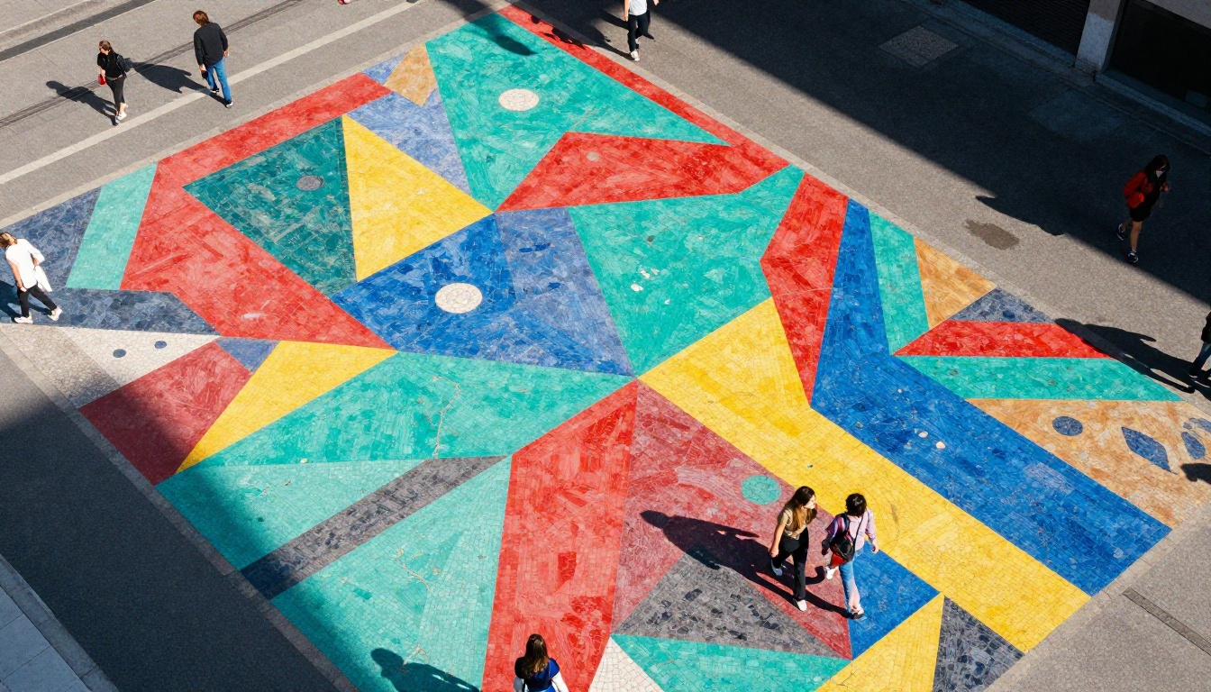 Aerial overhead shot of colorful geometric street art murals on urban pavement