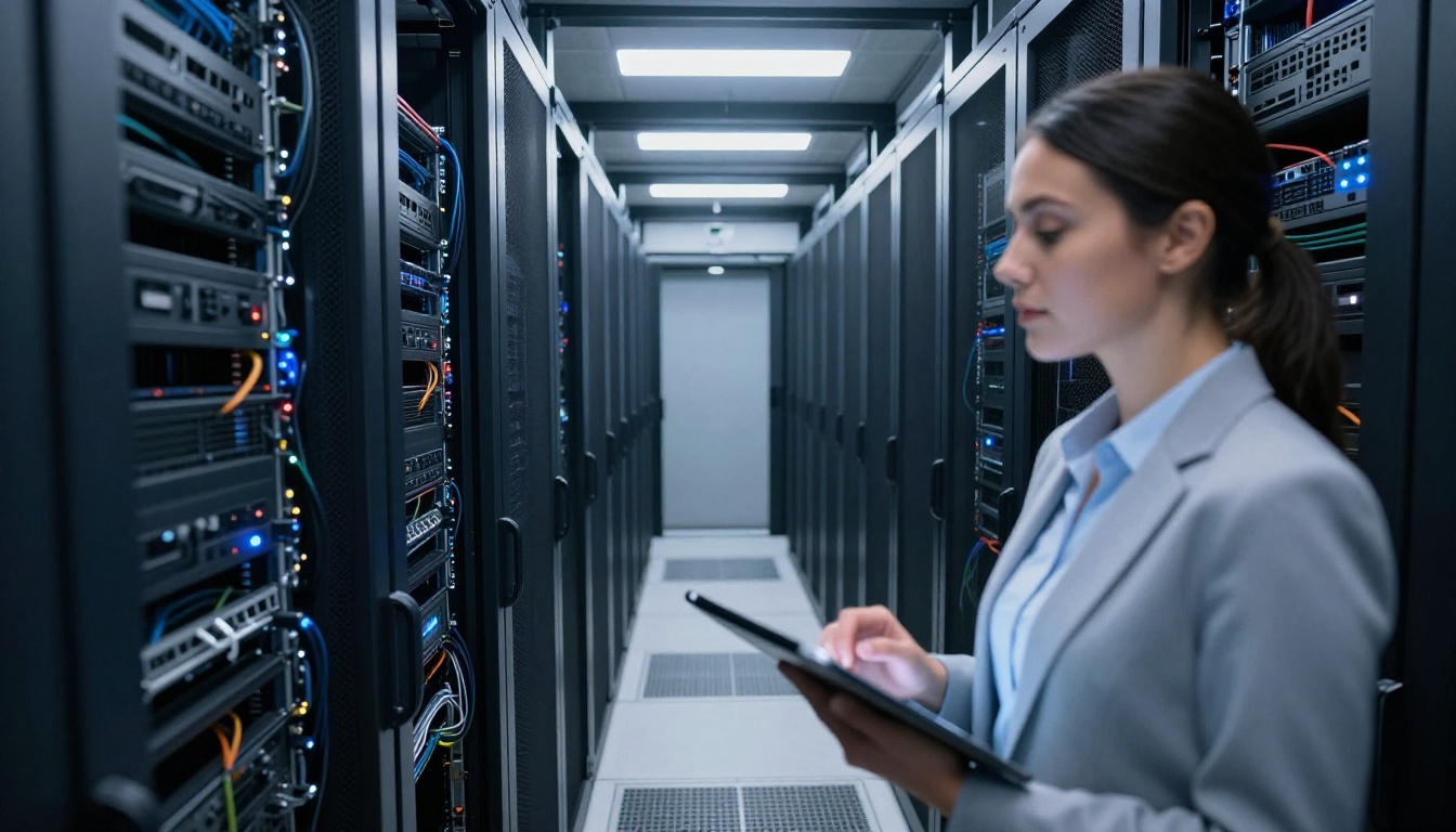 Female engineer walking through an illuminated server room corridor holding a tablet, cool technical LED lighting