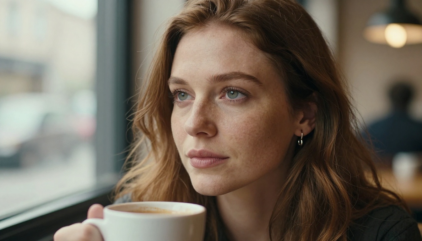 Close-up portrait of a woman with auburn hair by a cafe window in soft natural light