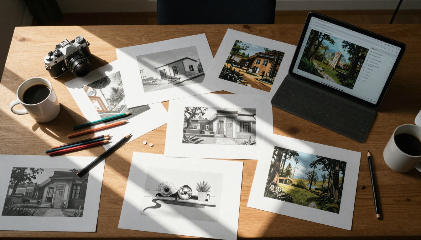 Aerial flat-lay of creative workspace with printed AI art