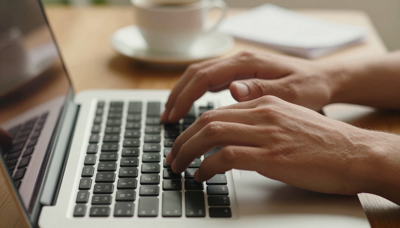 Hands typing on aluminum laptop keyboard close-up detail