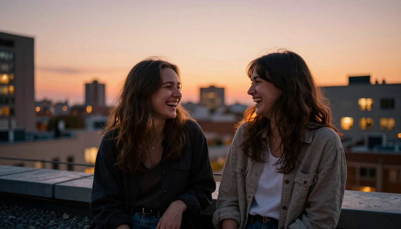 Two friends laughing on a rooftop terrace at dusk with a city skyline in soft focus behind them