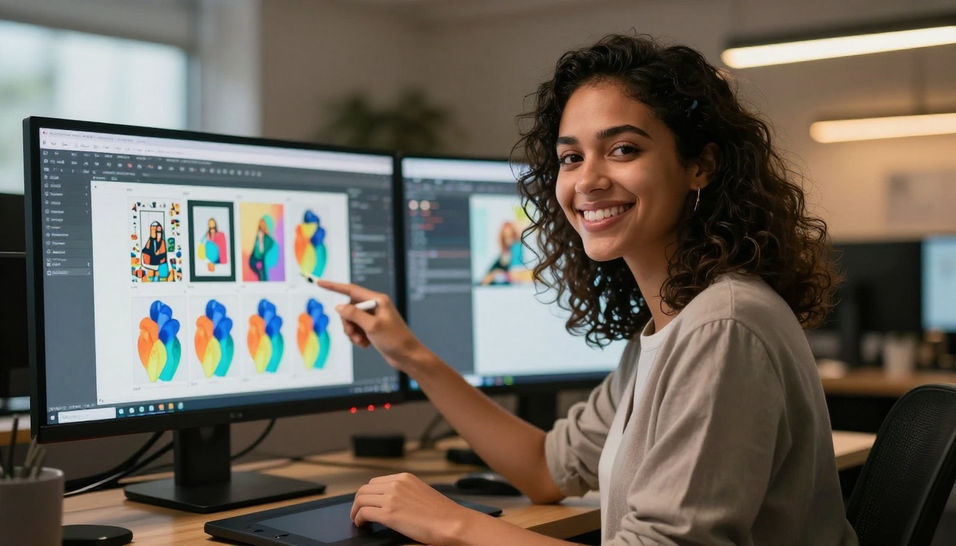 Woman pointing at AI image comparison grid on professional monitor
