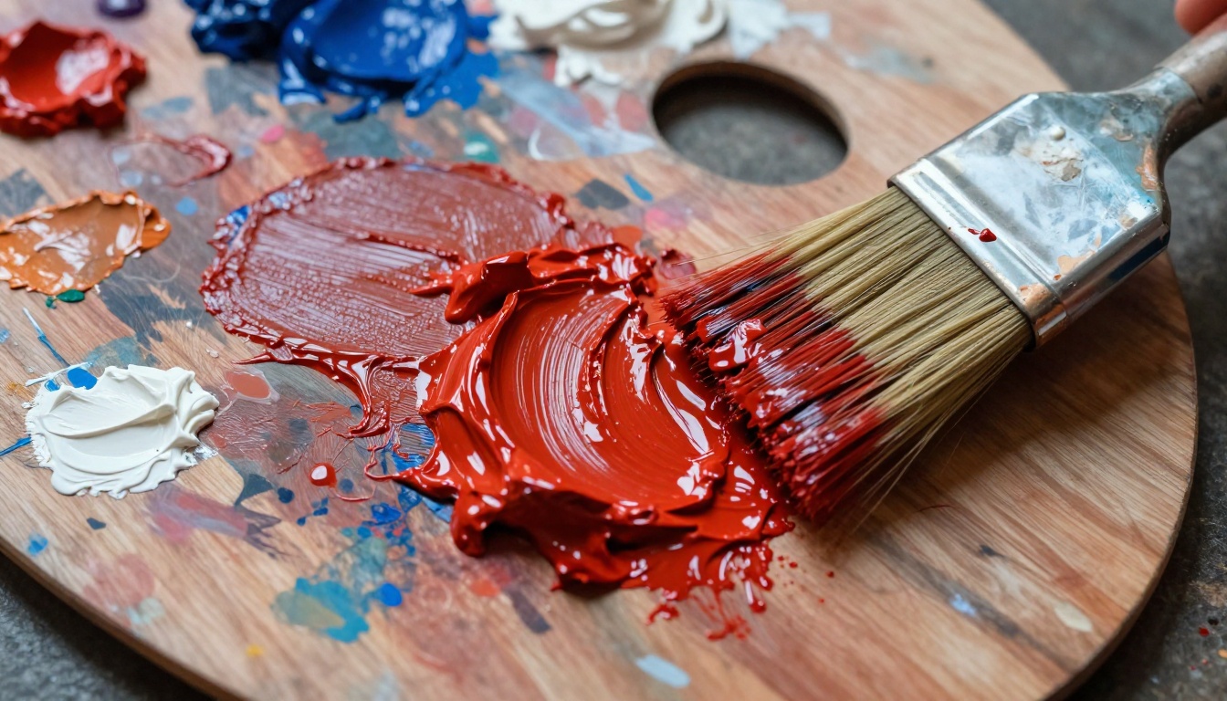 Close-up overhead shot of an artist's palette with thick impasto oil paint in vivid primary colors