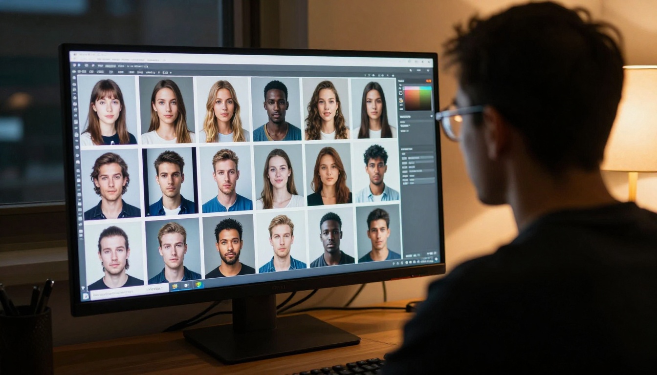 A man reviewing a grid of AI-generated portraits on a large monitor in evening light